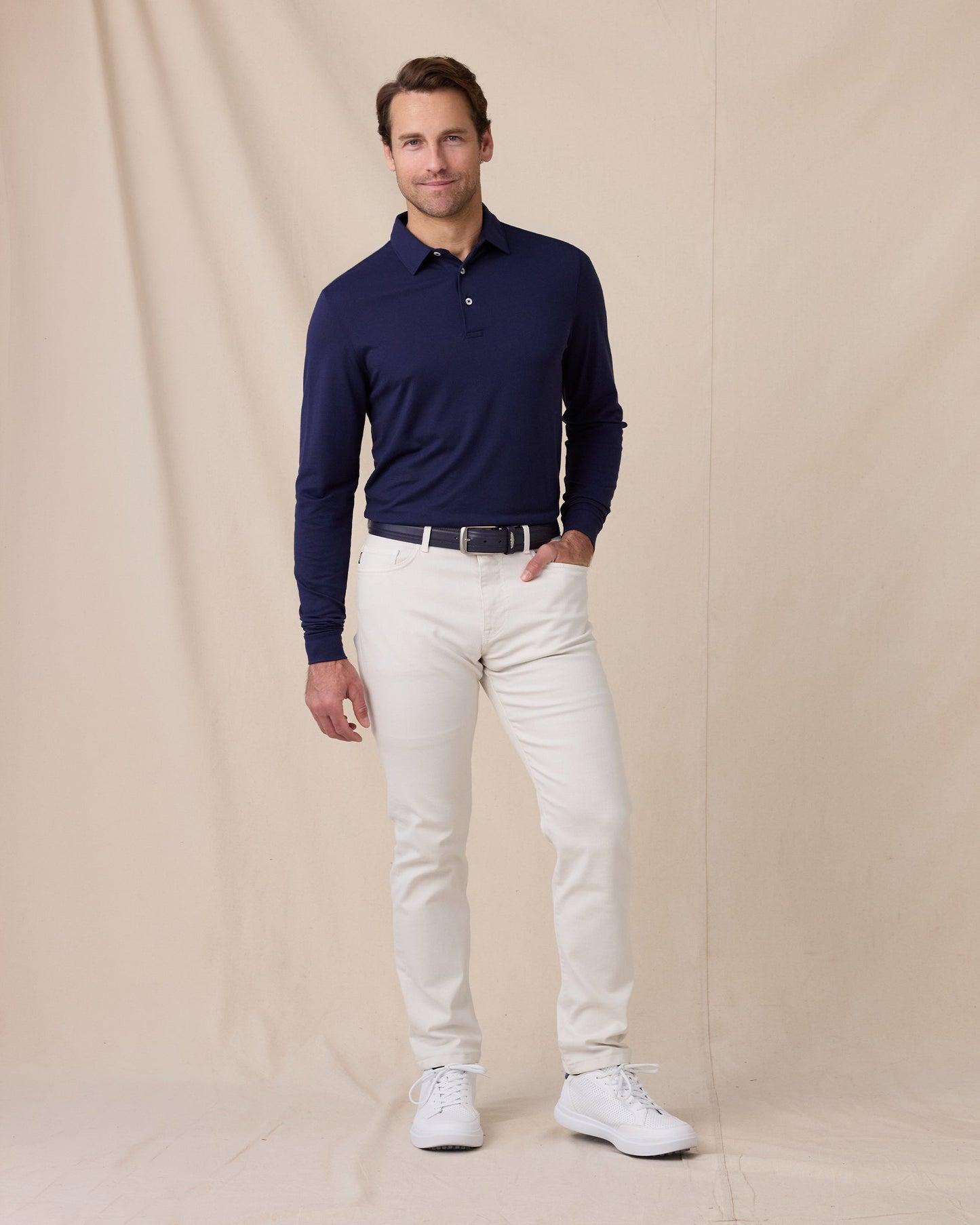 Straight Down Cambridge Long Sleeve Polo - New Indigo