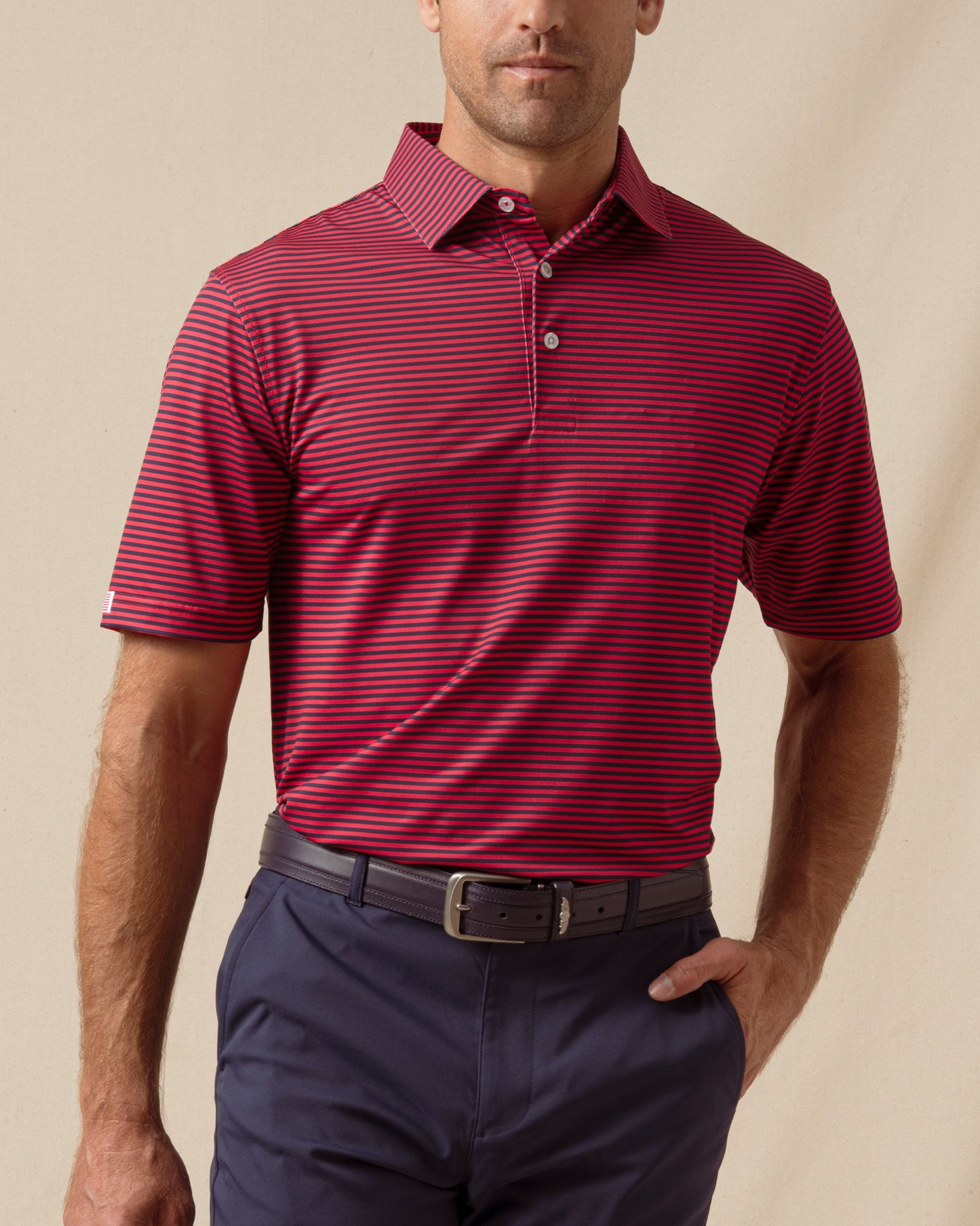 Straight Down Del Mar Stripe Polo - New Indigo / Flag Red