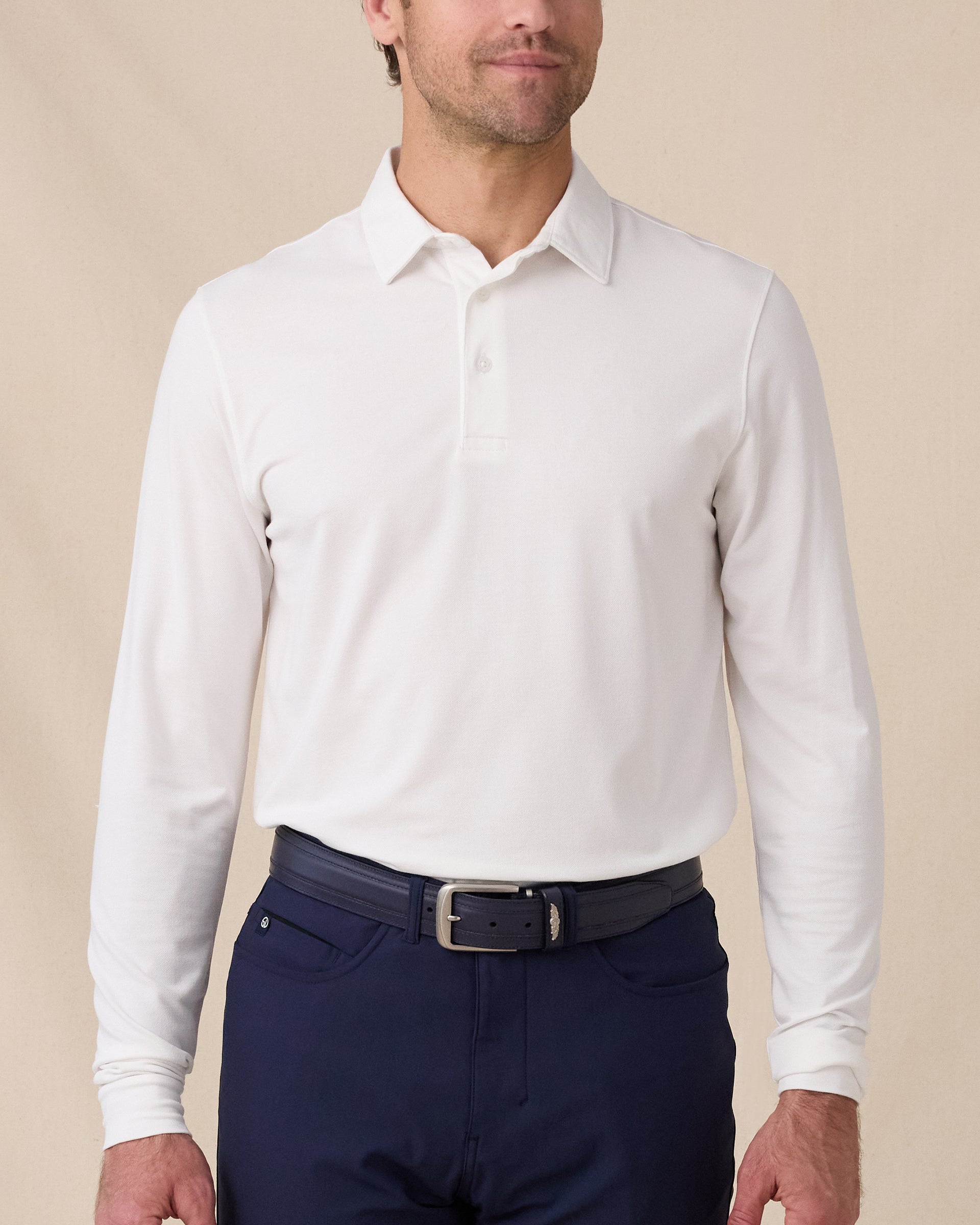 Straight Down Cambridge Long Sleeve Polo - White
