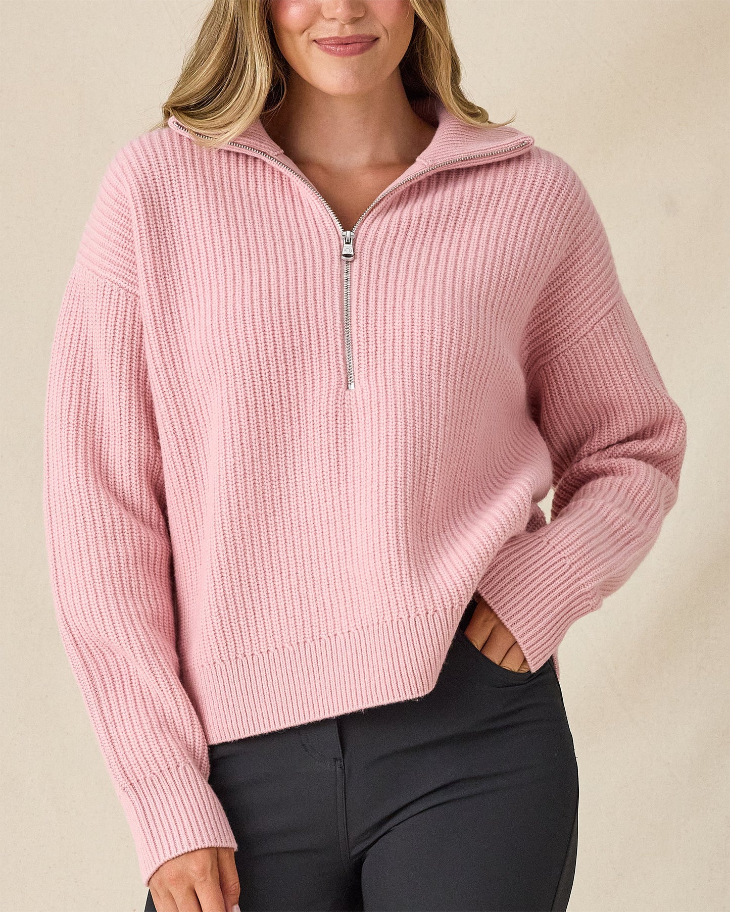 Straight Down Devon Half Zip Sweater - Rose