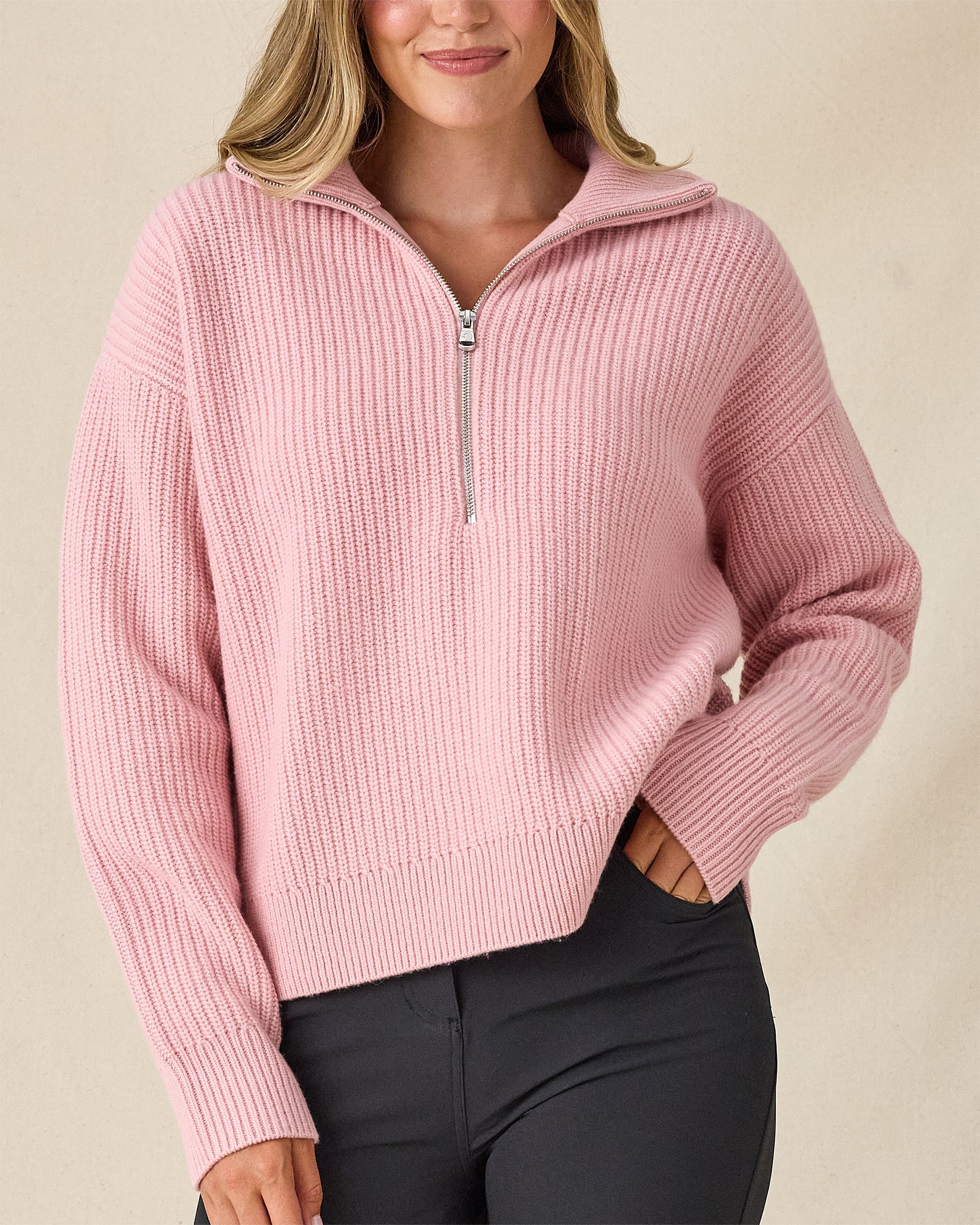 Straight Down Devon Half Zip Sweater - Rose
