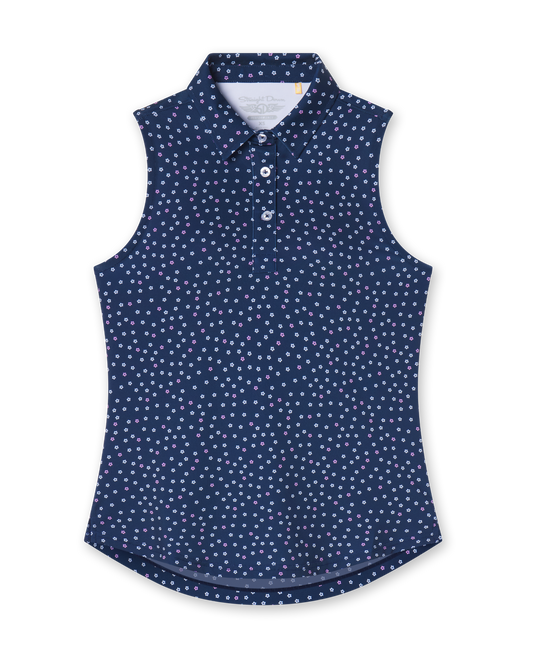 Straight Down Cherry Bloom Sleeveless Polo - New Indigo