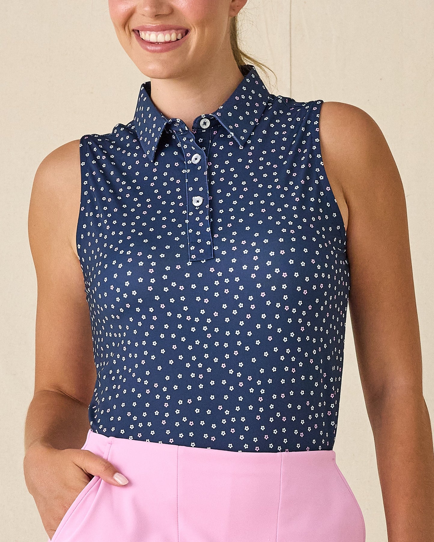 Straight Down Cherry Bloom Sleeveless Polo - New Indigo