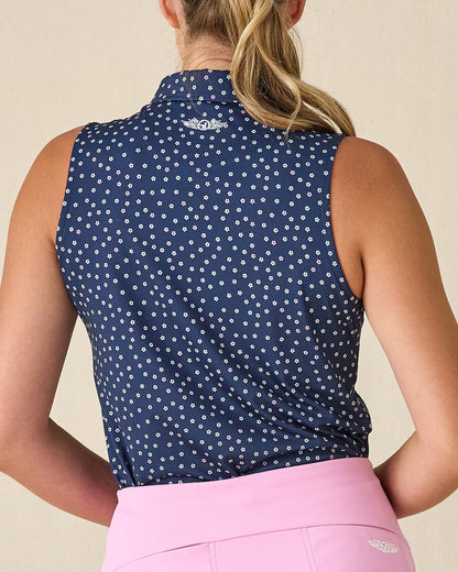 Straight Down Cherry Bloom Sleeveless Polo - New Indigo