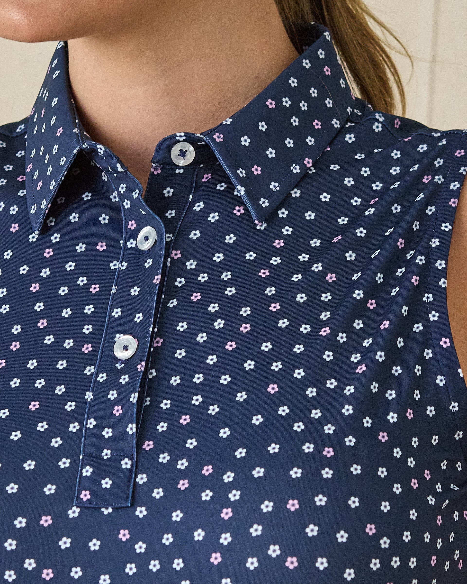 Straight Down Cherry Bloom Sleeveless Polo - New Indigo