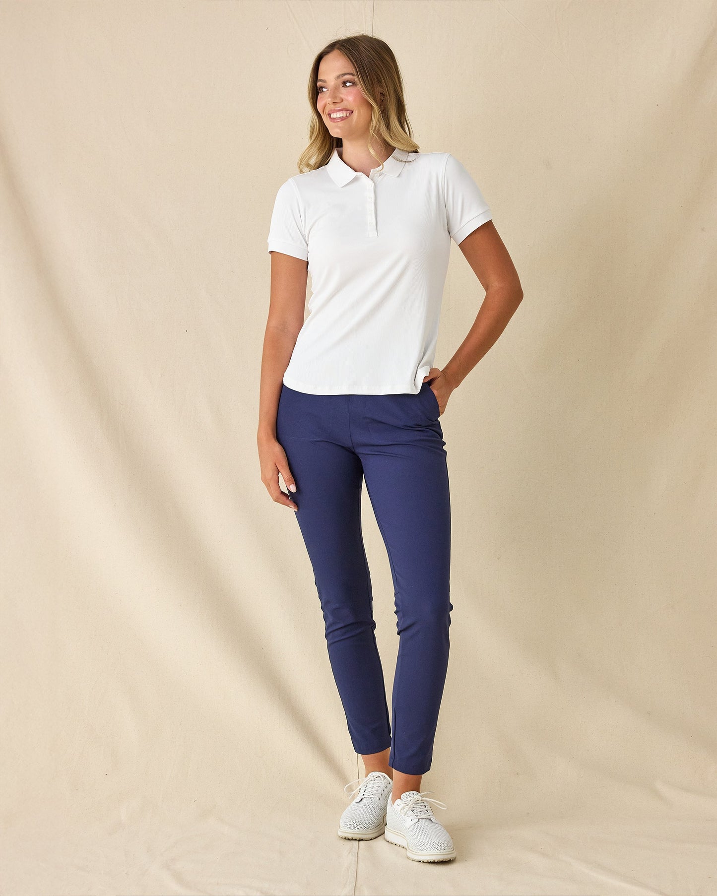 Straight Down Sindy Rib Knit Polo - White