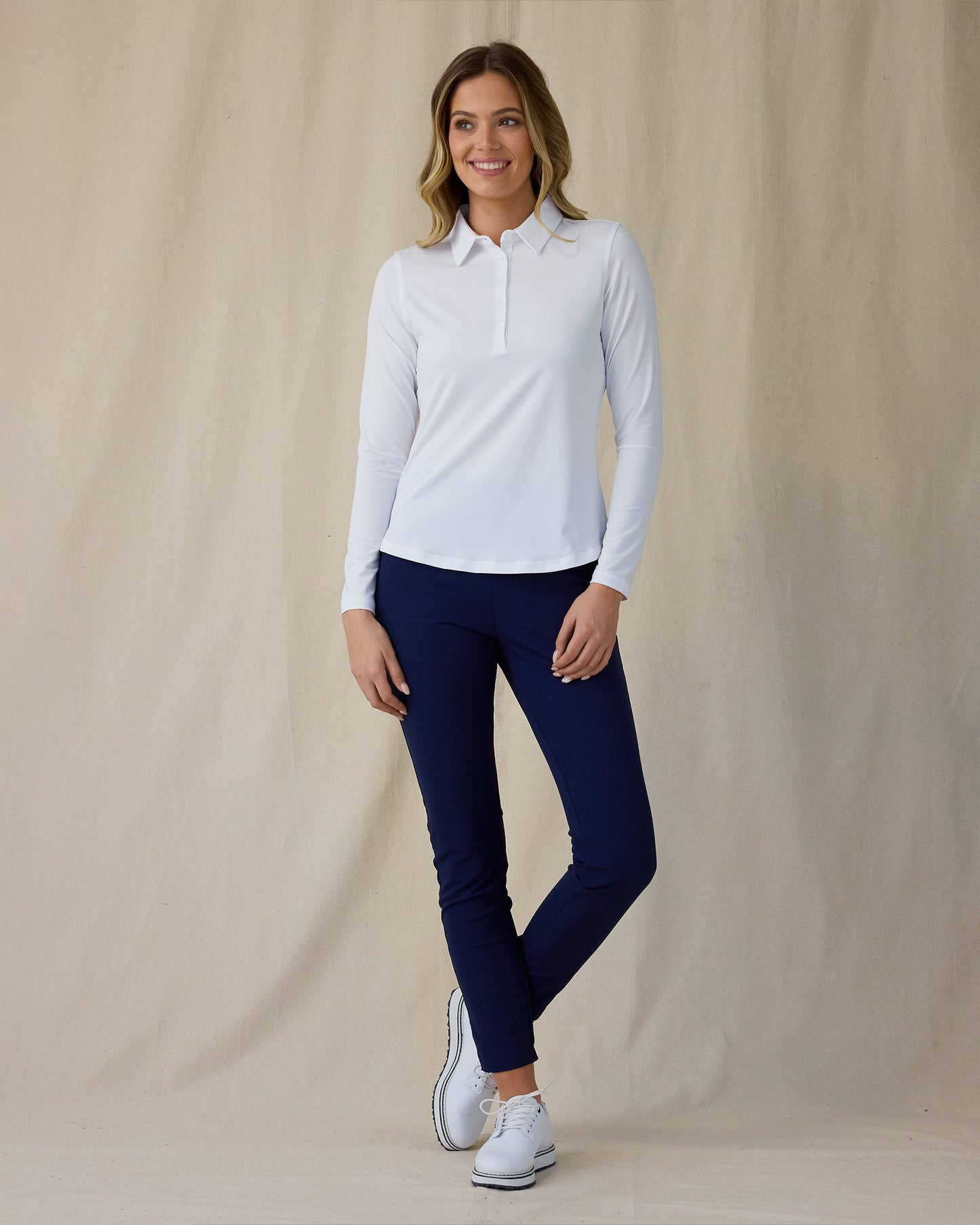 Straight Down Midday Long Sleeve Polo - White